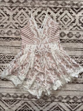 Lace Trim Pink Striped Romper